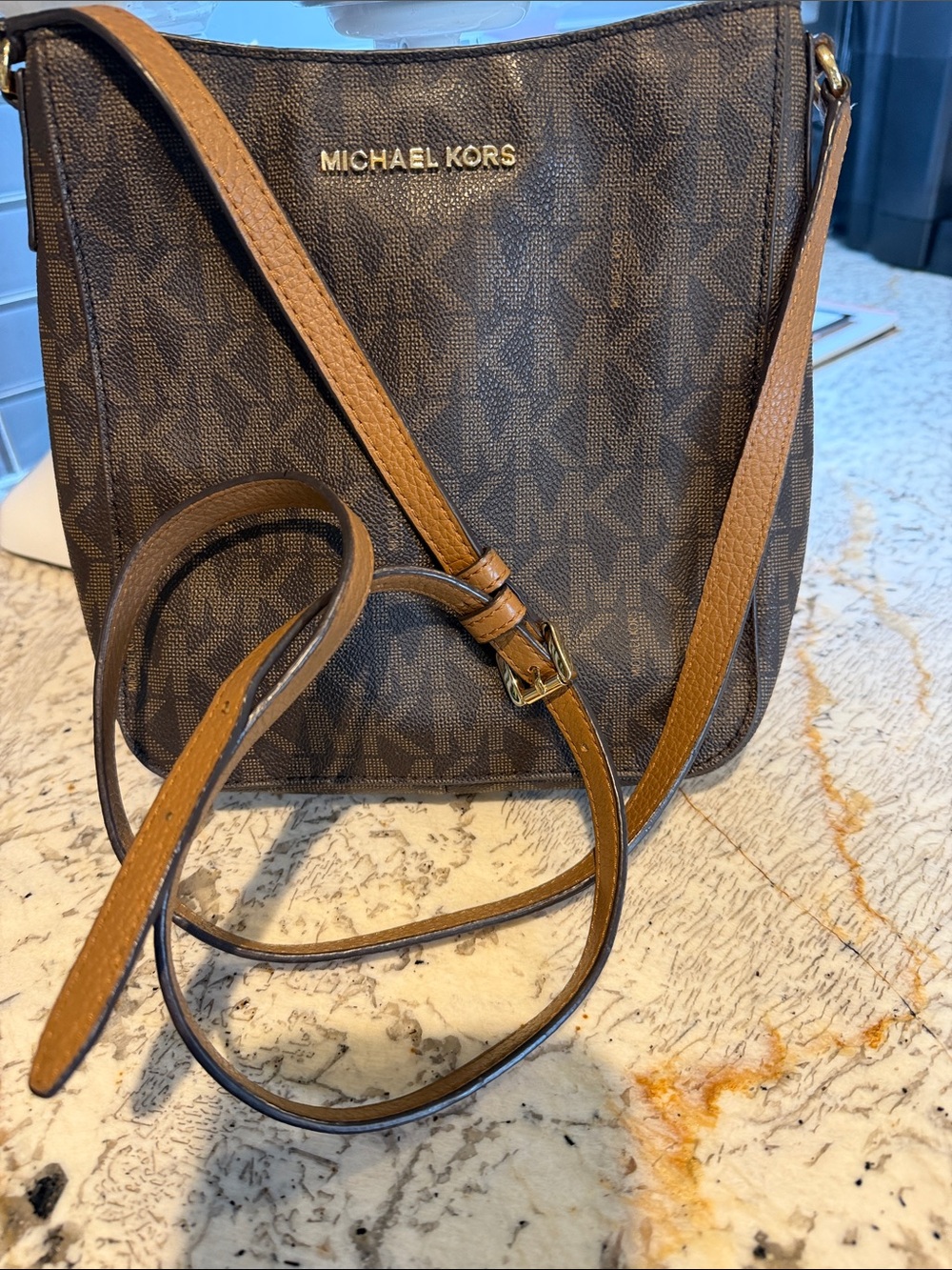 Michael Kors Brown Monogram Crossbody with Tan Strap